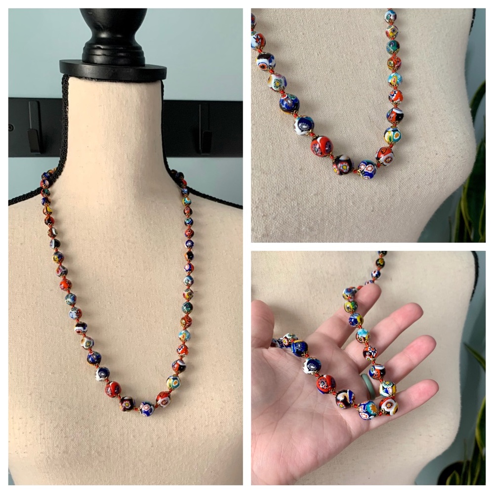 Vintage • Moretti Millefiore Murano Glass Round Bead Graduated Mosaic Necklace